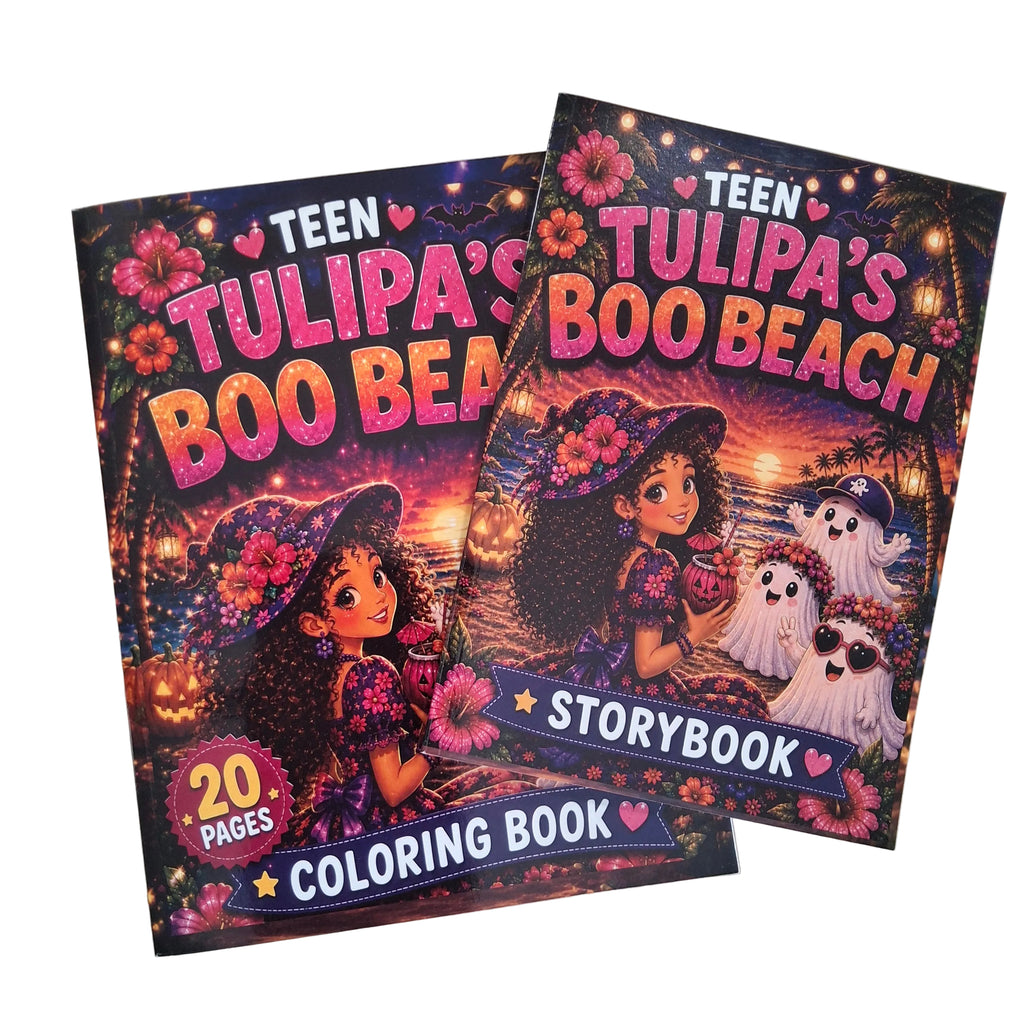 Two colorful children's coloring book and storybook titled 'Teen Tulipa's Boo Beach' are displayed on a light wood surface. The book covers feature vibrant Halloween-themed illustrations with a girl in a witch hat, ghosts, pumpkins, and warm sunset lighting.