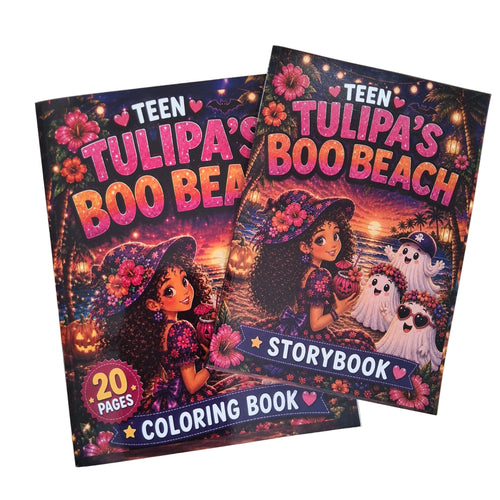 Two colorful children's coloring book and storybook titled 'Teen Tulipa's Boo Beach' are displayed on a light wood surface. The book covers feature vibrant Halloween-themed illustrations with a girl in a witch hat, ghosts, pumpkins, and warm sunset lighting.