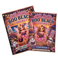 Two copies of the 'Tulipa's Boo Beach Young Coloring & Storybook'. The book cover features a vibrant, spooky beach illustration with a fairy, a ghost and Halloween-themed elements like pumpkins and a surfboard.