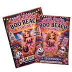 Two copies of the 'Tulipa's Boo Beach Young Coloring & Storybook'. The book cover features a vibrant, spooky beach illustration with a fairy, a ghost and Halloween-themed elements like pumpkins and a surfboard.