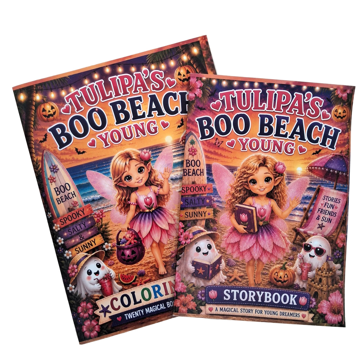 Two copies of the 'Tulipa's Boo Beach Young Coloring & Storybook'. The book cover features a vibrant, spooky beach illustration with a fairy, a ghost and Halloween-themed elements like pumpkins and a surfboard.