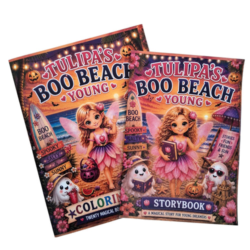 Two copies of the 'Tulipa's Boo Beach Young Coloring & Storybook'. The book cover features a vibrant, spooky beach illustration with a fairy, a ghost and Halloween-themed elements like pumpkins and a surfboard.