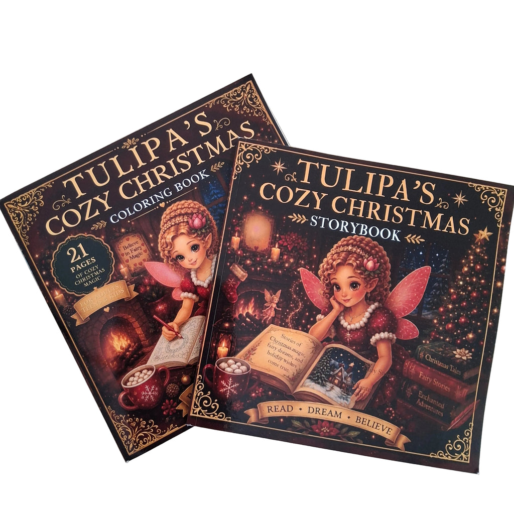 Two illustrated book covers for 'Tulipa's Cozy Christmas' shown on a light wood surface: a coloring book and a storybook, both featuring a fairy reading by a fireplace with warm holiday decor.