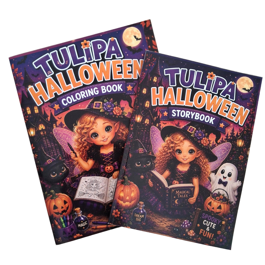 Two Tulipa Halloween coloring book and storybook sets. The covers feature festive Halloween illustrations including a witch fairy girl, pumpkins, a black cat, a ghost, and a bat.
