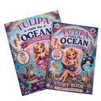 Two colorful children's books titled 'TULI PA Visits the Ocean' are shown overlapping on a light wood surface. The left book is a 'Coloring Book' and the right book is a 'Story Book', both featuring whimsical ocean-themed illustrations including a girl in a pink dress, a sea otter, a pelican, a dolphin, and coral reefs.