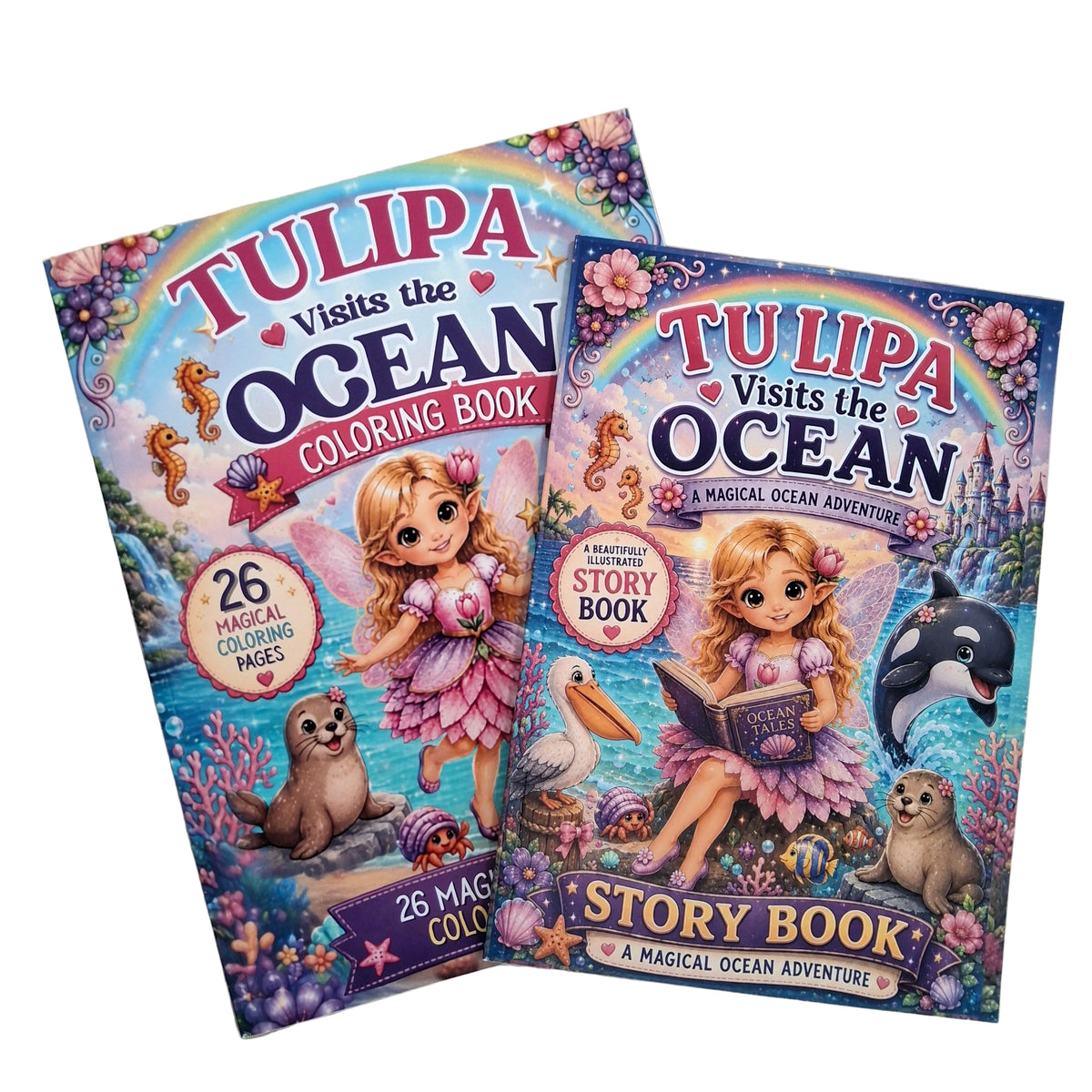 Two colorful children's books titled 'TULI PA Visits the Ocean' are shown overlapping on a light wood surface. The left book is a 'Coloring Book' and the right book is a 'Story Book', both featuring whimsical ocean-themed illustrations including a girl in a pink dress, a sea otter, a pelican, a dolphin, and coral reefs.