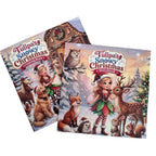 Two illustrated children's books titled "Tulipa's Snowy Christmas" lying on a light wood surface. One book shows a coloring-book cover with winter animals and a snowy village scene, and the other shows a story-book cover with a fairy girl, deer, fox, hedgehog, and other holiday creatures.