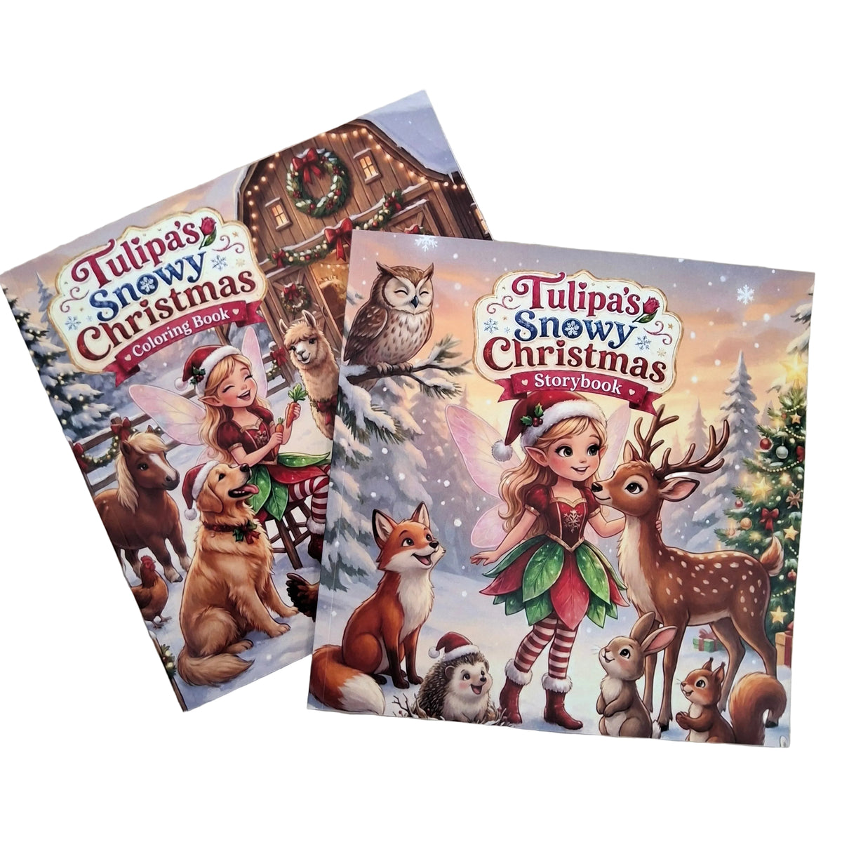 Two illustrated children's books titled "Tulipa's Snowy Christmas" lying on a light wood surface. One book shows a coloring-book cover with winter animals and a snowy village scene, and the other shows a story-book cover with a fairy girl, deer, fox, hedgehog, and other holiday creatures.