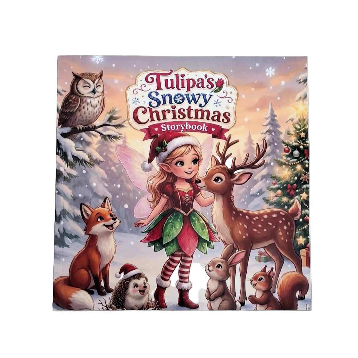 A children's hardcover storybook titled 'Tulipa's Snowy Christmas Storybook' featuring a colorful winter illustration with a fairy, deer, fox, rabbit, squirrel, hedgehog, and owl in a snowy forest, displayed on a light wood surface.
