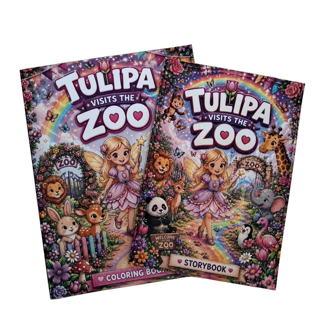 Two colorful children's coloring books titled 'Tulipa Visits the Zoo' are stacked on a light wood surface. The covers feature a whimsical fairy girl surrounded by zoo animals, flowers, and a rainbow, with one book labeled 'Coloring Book' and the other 'Storybook'.